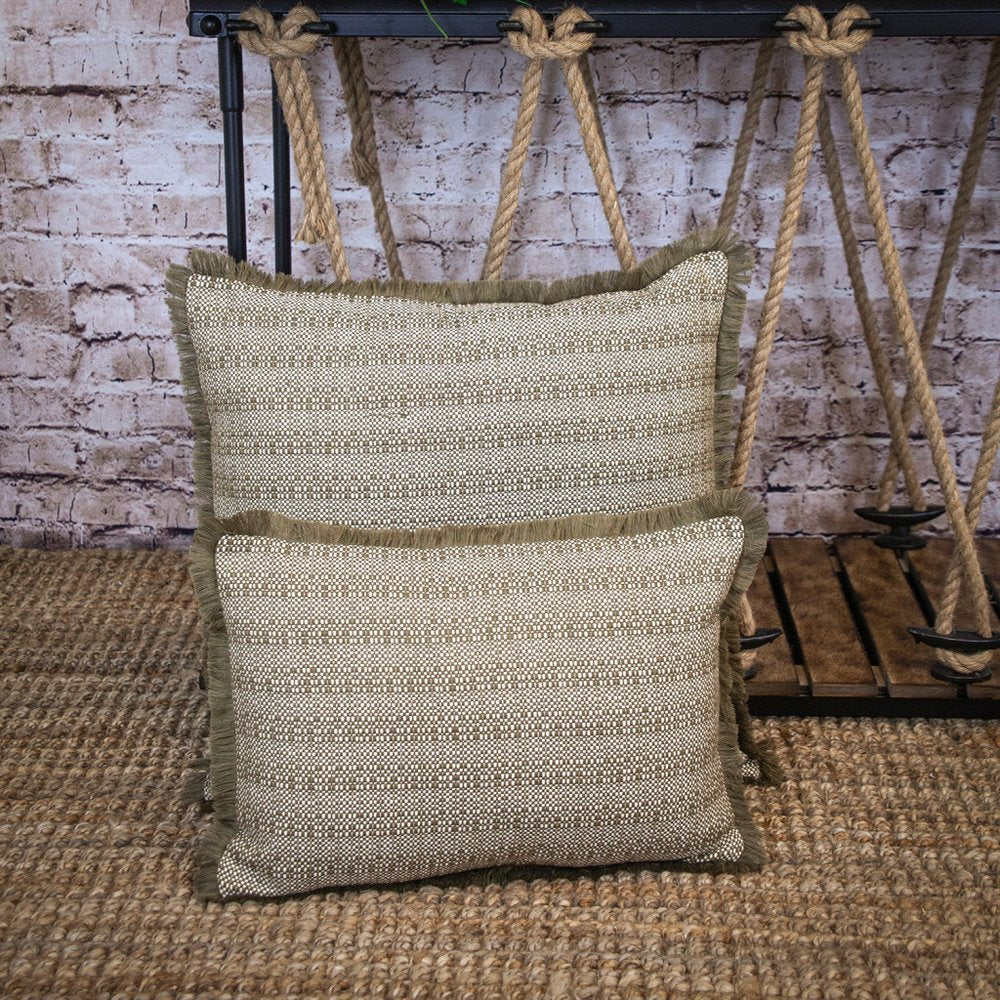 14" X 20" Green and White Cotton Lumbar Throw Pillow with Fringe