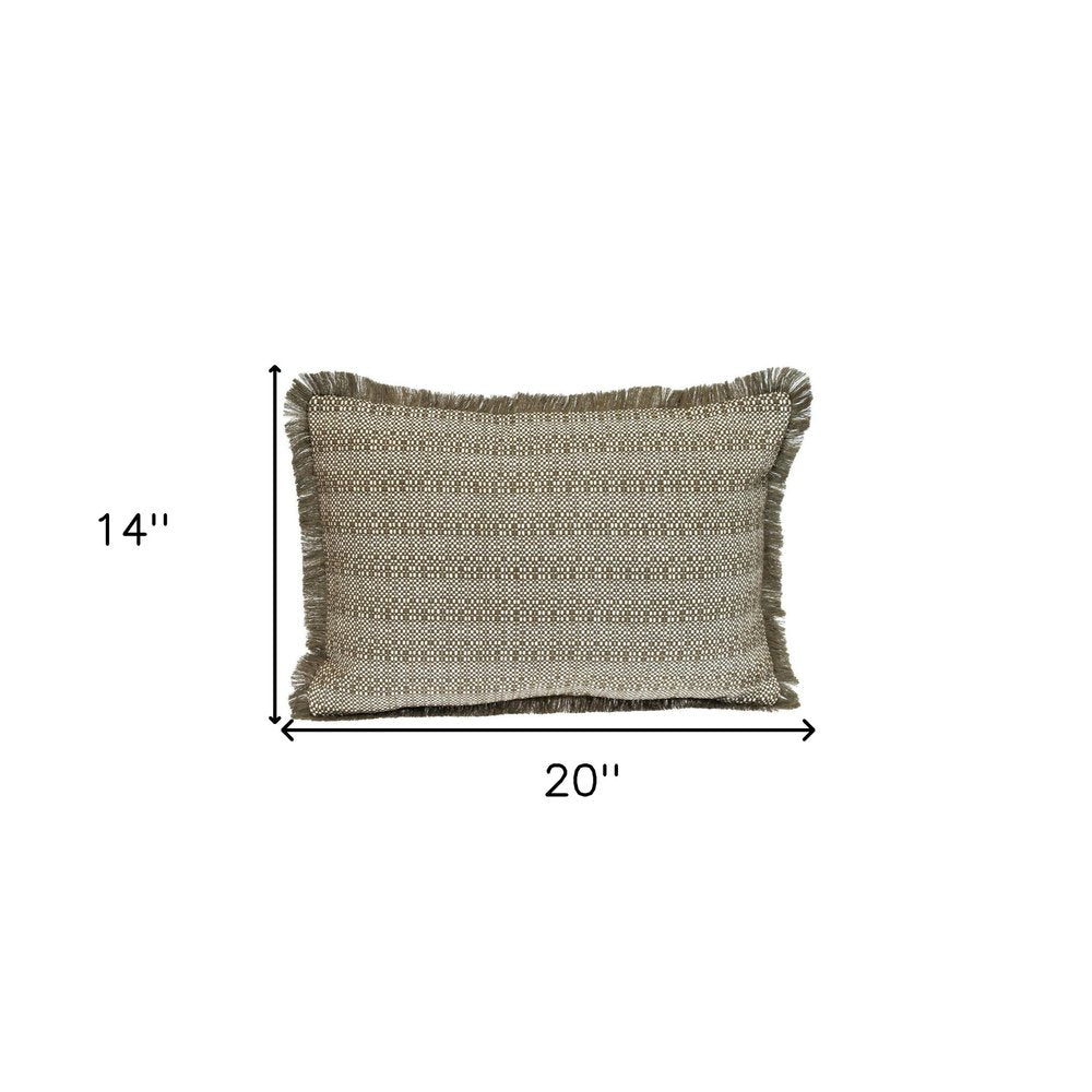 14" X 20" Green and White Cotton Lumbar Throw Pillow with Fringe