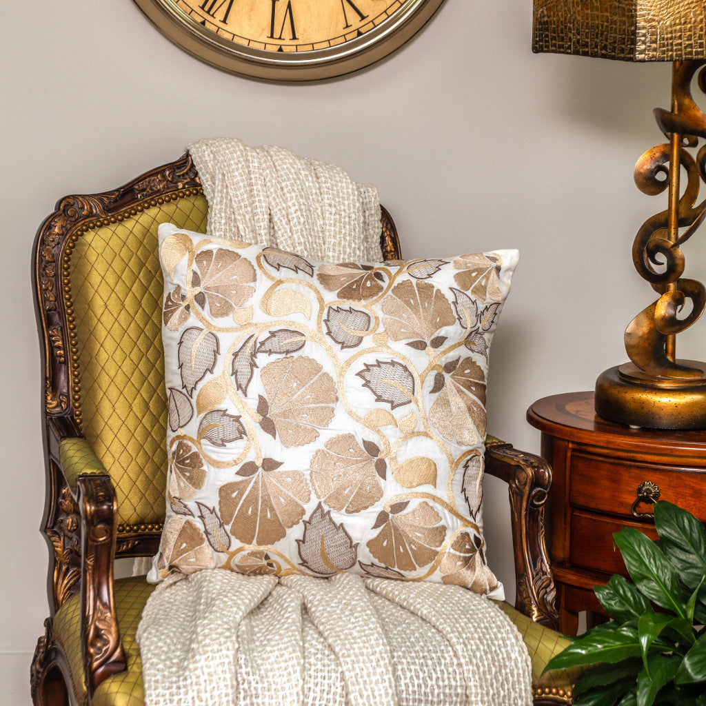 22" Gold and White Floral Cotton Throw Pillow With Embroidery