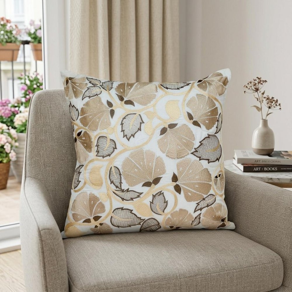 22" Gold and White Floral Cotton Throw Pillow With Embroidery