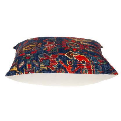 18" Blue and Red Damask Cotton Throw Pillow