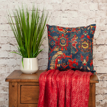 18" Blue and Red Damask Cotton Throw Pillow