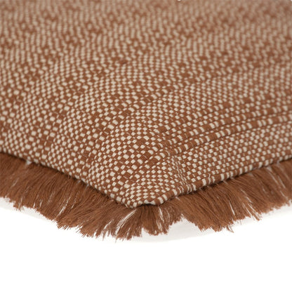 14" X 20" Brown and White Cotton Lumbar Throw Pillow with Fringe