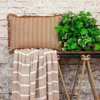 14" X 20" Brown and White Cotton Lumbar Throw Pillow with Fringe