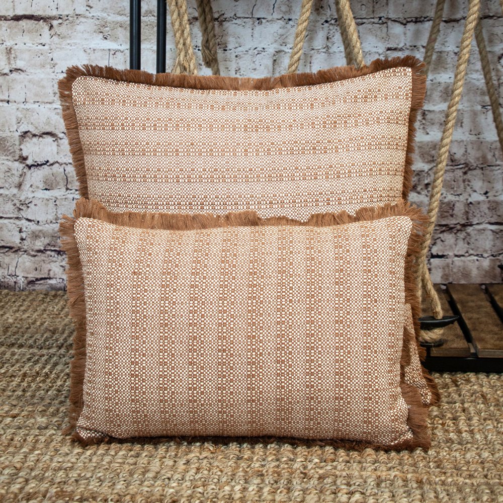 14" X 20" Brown and White Cotton Lumbar Throw Pillow with Fringe