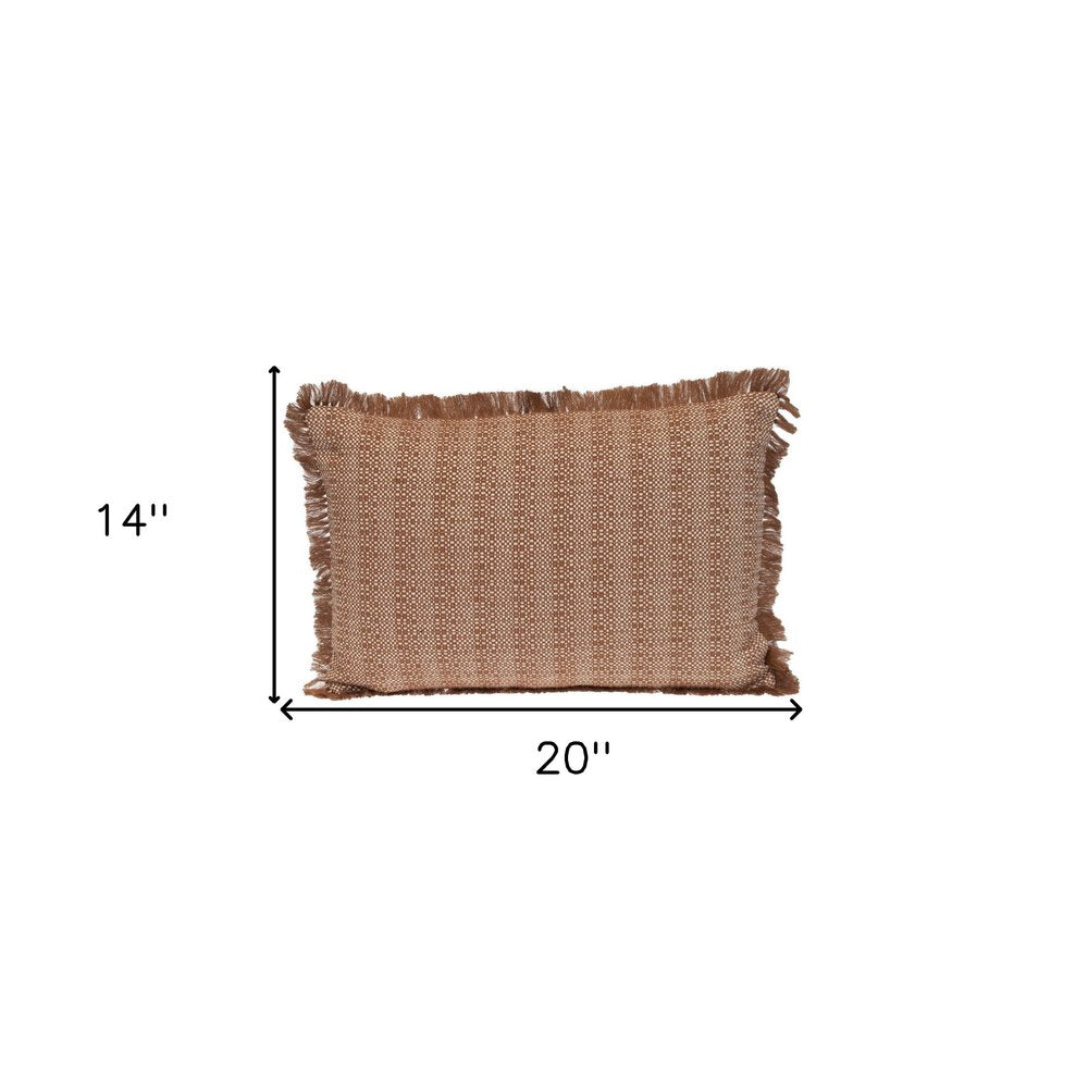 14" X 20" Brown and White Cotton Lumbar Throw Pillow with Fringe