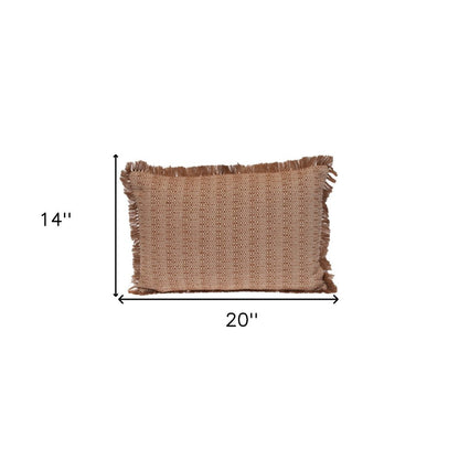 14" X 20" Brown and White Cotton Lumbar Throw Pillow with Fringe