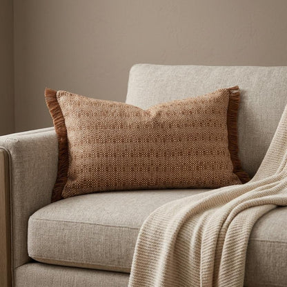 14" X 20" Brown and White Cotton Lumbar Throw Pillow with Fringe