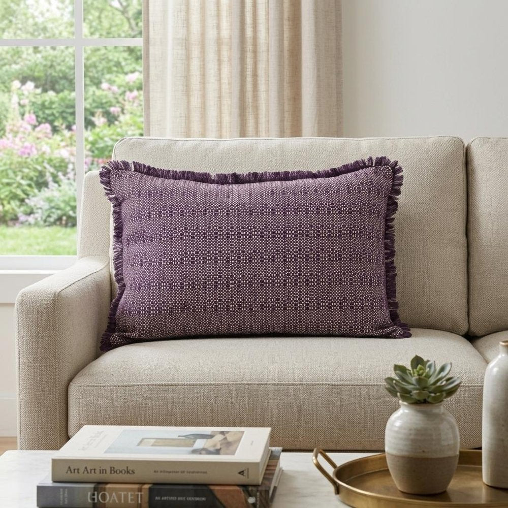14" X 20" Purple and White Striped Cotton Throw Pillow With Fringe