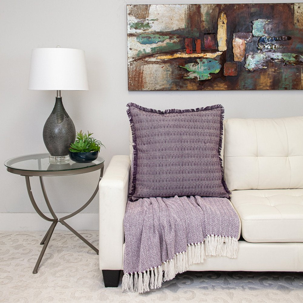 24" Purple and White Cotton Throw Pillow with Fringe
