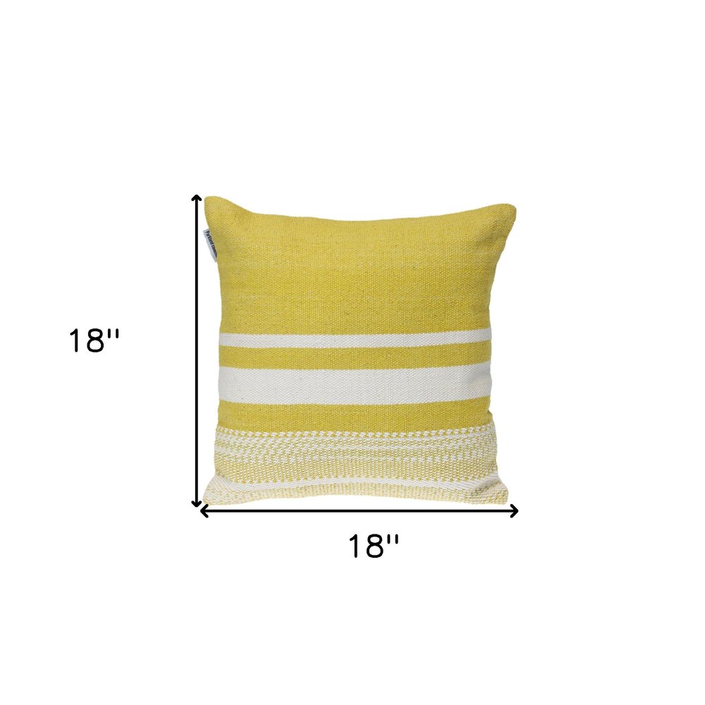 18" Yellow And White Striped Cotton Throw Pillow