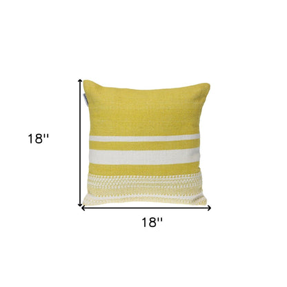 18" Yellow And White Striped Cotton Throw Pillow