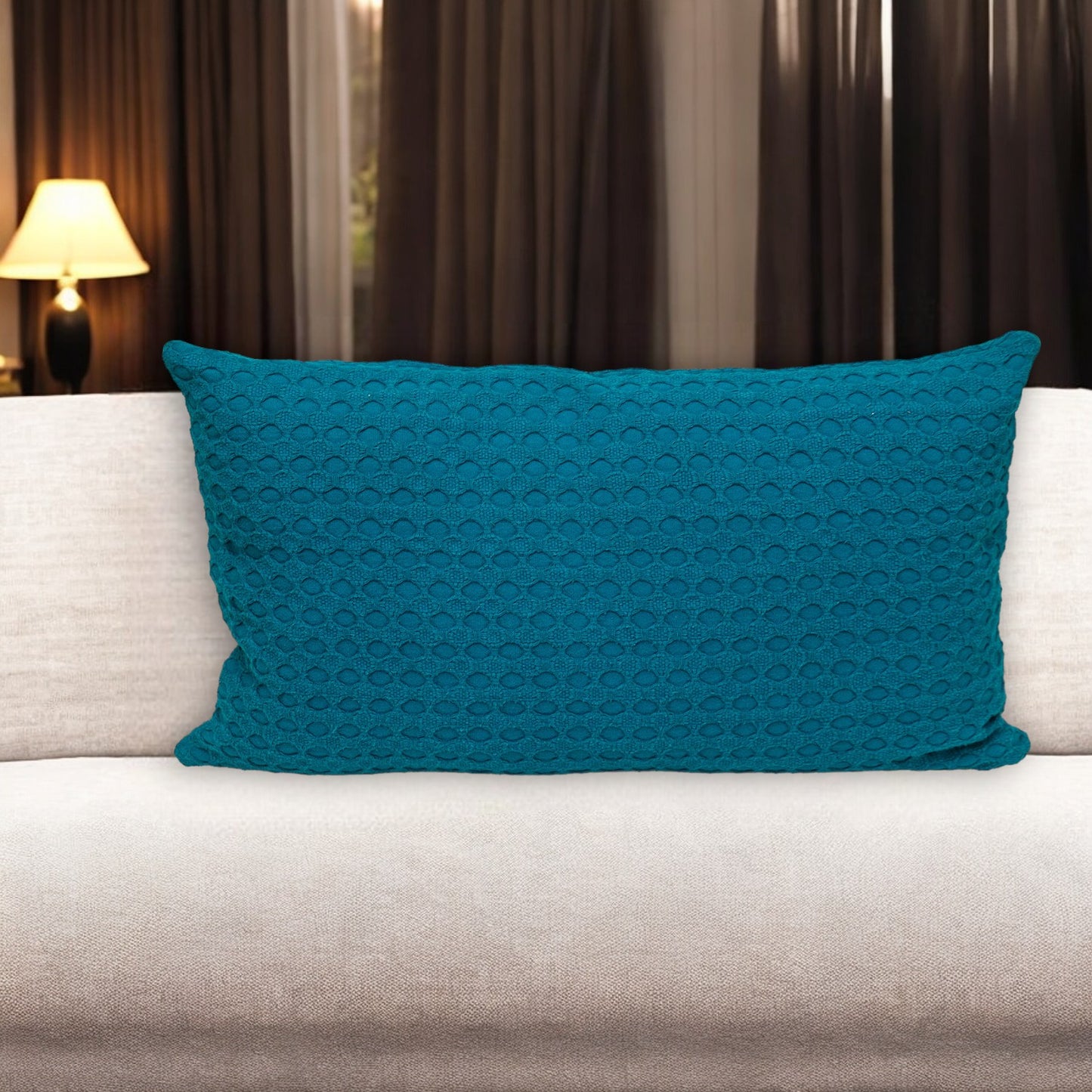 14" X 26" Teal Cotton Lumbar Throw Pillow With Texture