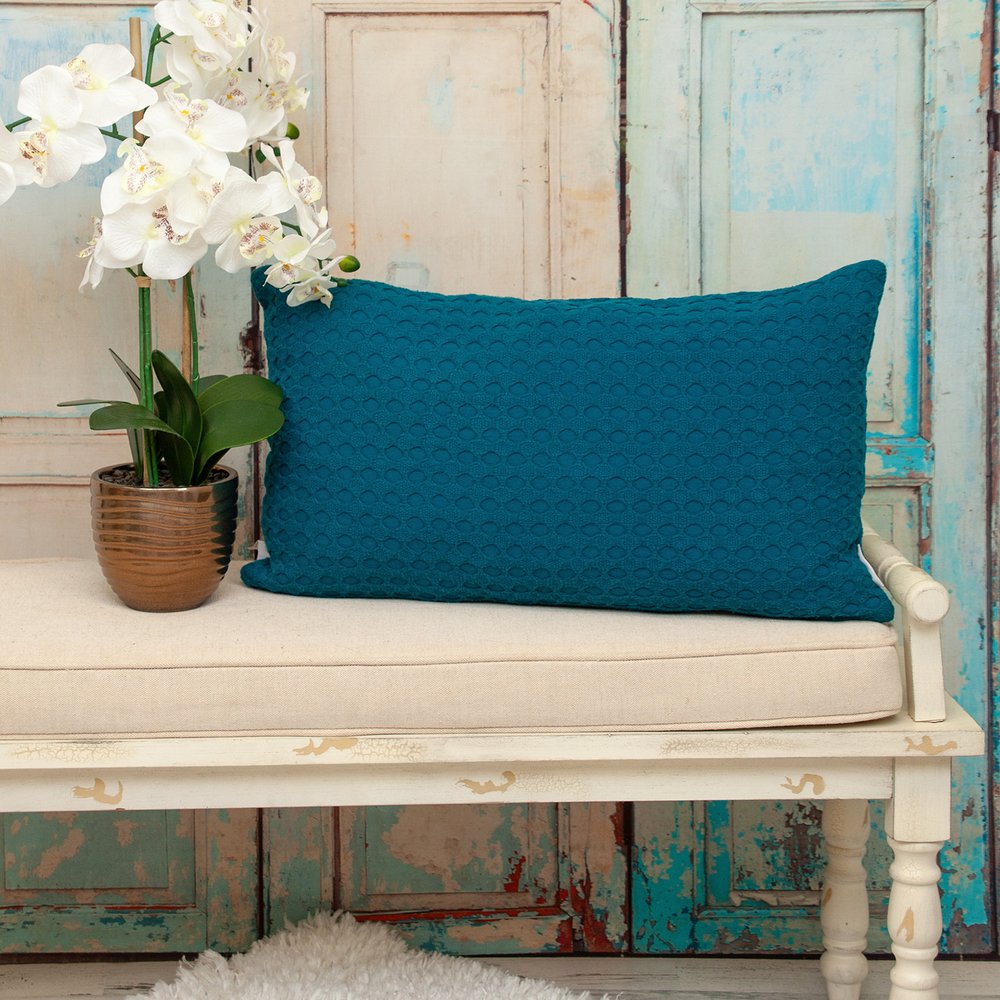 14" X 26" Teal Cotton Lumbar Throw Pillow with Texture