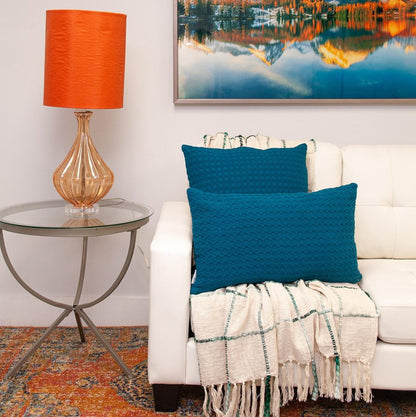 14" X 26" Teal Cotton Lumbar Throw Pillow with Texture