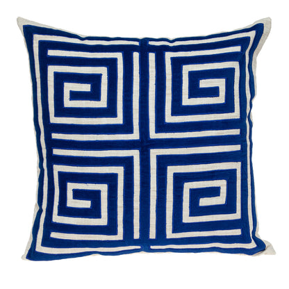 22" Beige and Blue Geometric Cotton Blend Throw Pillow with Embroidery and Applique