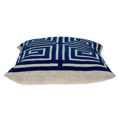 22" Beige and Blue Poly Cotton Blend Throw Pillow with Embroidery and applique