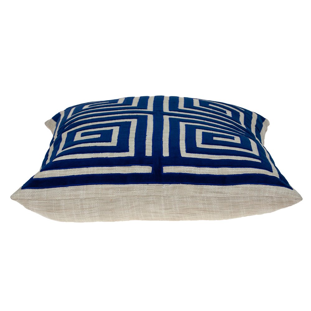 22" Beige and Blue Poly Cotton Blend Throw Pillow with Embroidery and applique