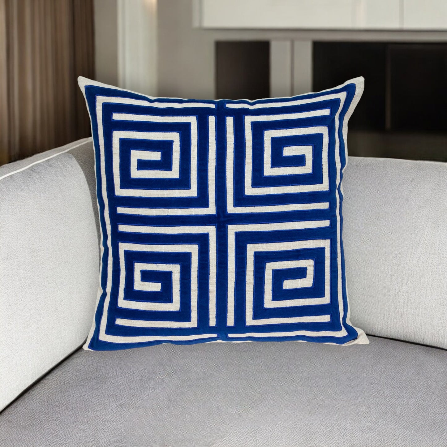 22" Beige and Blue Geometric Cotton Blend Throw Pillow with Embroidery and Applique