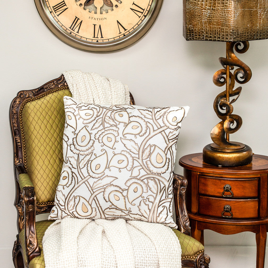 22" Brown and White Floral Cotton Throw Pillow With Embroidery