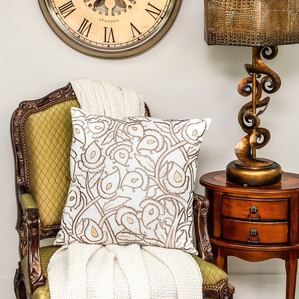 22" Brown and White Cotton Throw Pillow with Embroidery