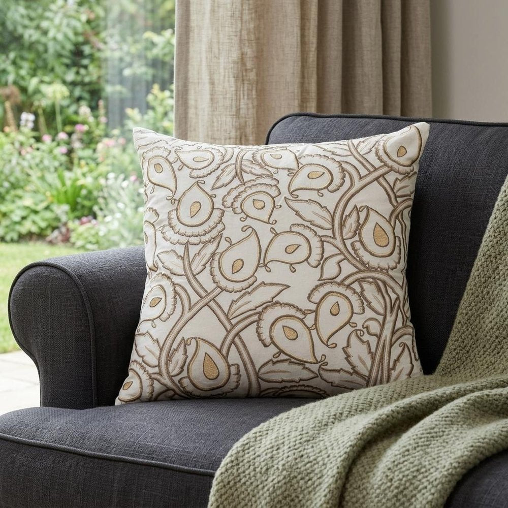 22" Brown And White Floral Cotton Throw Pillow with Embroidery