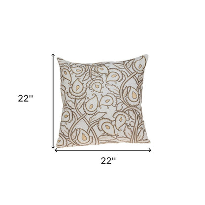 22" Brown And White Floral Cotton Throw Pillow with Embroidery