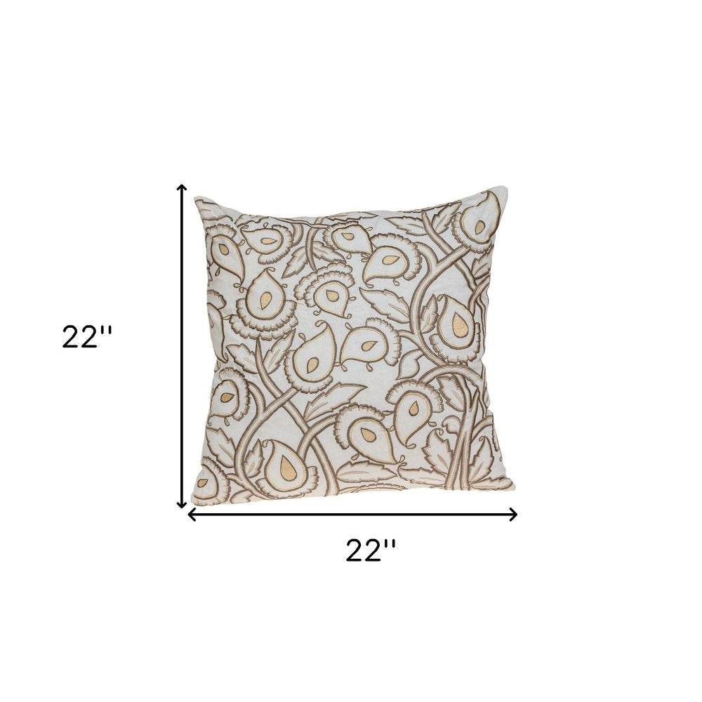 22" Brown And White Floral Cotton Throw Pillow with Embroidery