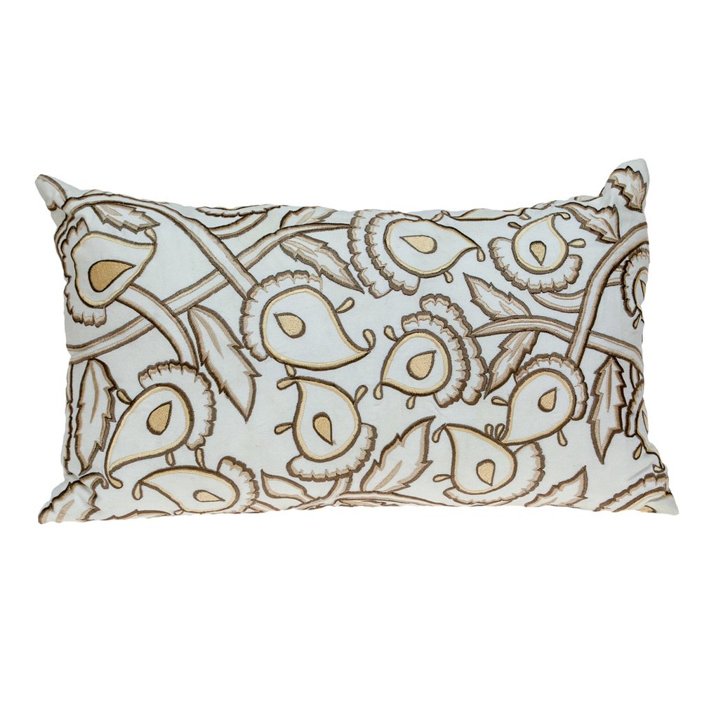 14" X 24" Brown and White Cotton Lumbar Throw Pillow with Embroidery