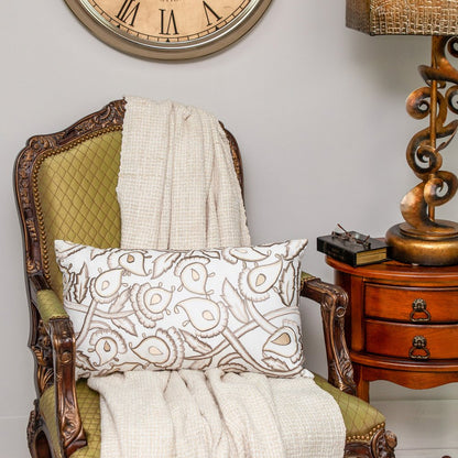 14" X 24" Brown and White Cotton Lumbar Throw Pillow with Embroidery