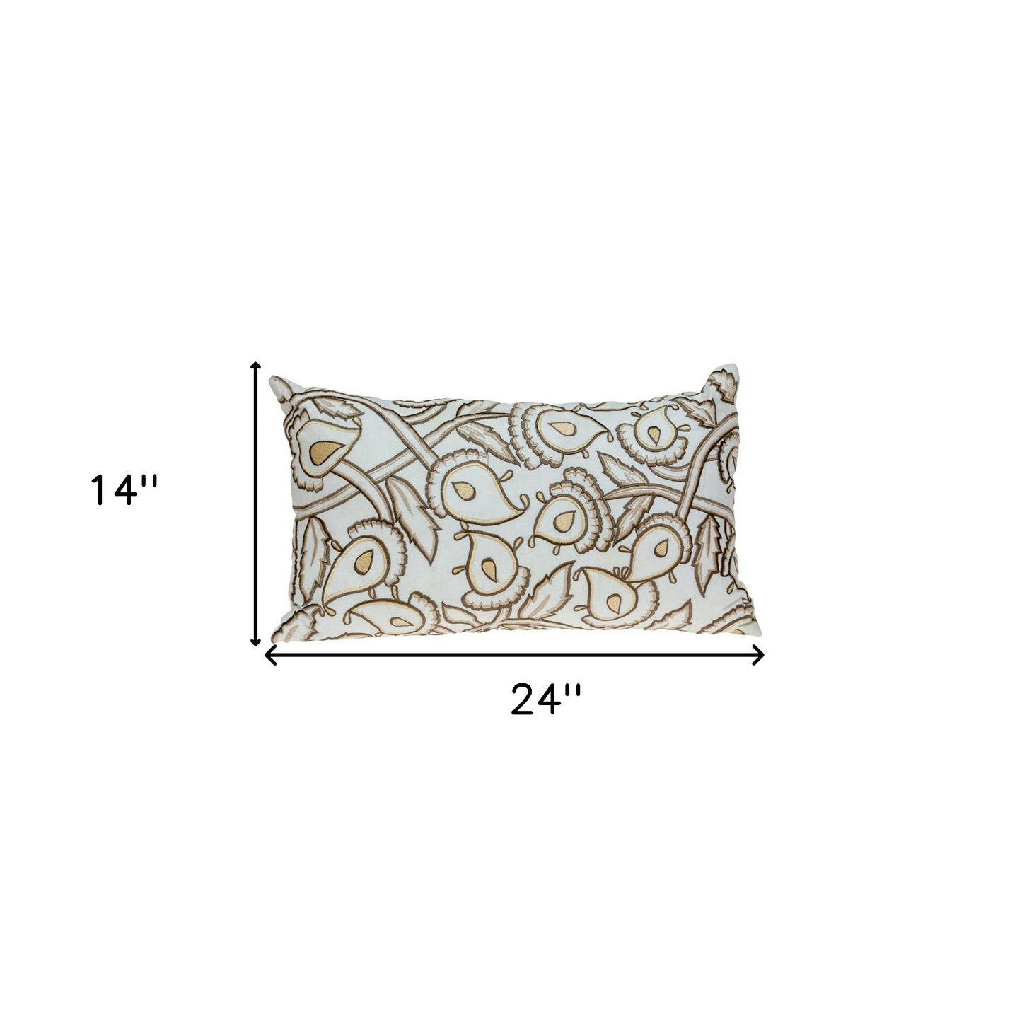 14" X 24" Brown and White Floral Cotton Throw Pillow With Embroidery