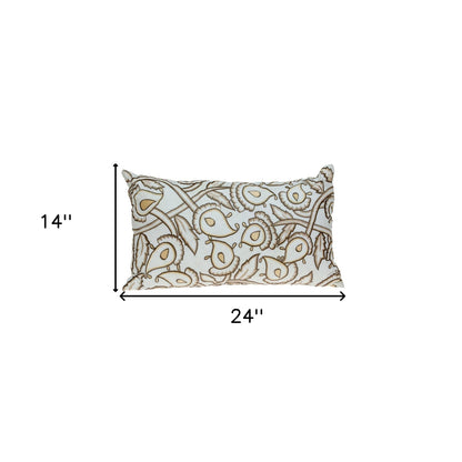 14" X 24" Brown and White Floral Cotton Throw Pillow With Embroidery