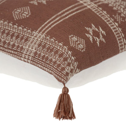 18" Beige and Brown Cotton Throw Pillow with Tassels