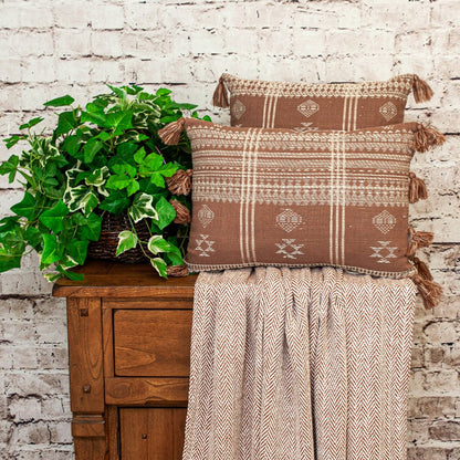 18" Beige and Brown Cotton Throw Pillow with Tassels