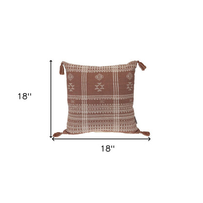 18" Beige and Brown Cotton Throw Pillow with Tassels