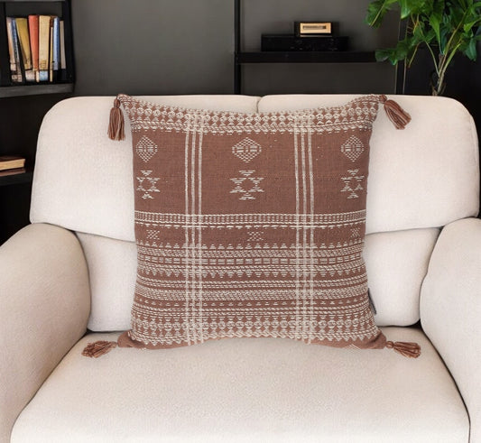 18" Beige and Brown Southwestern Cotton Throw Pillow With Tassels