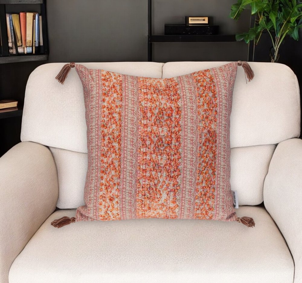 18" Pink and Orange Cotton Throw Pillow with Tassels