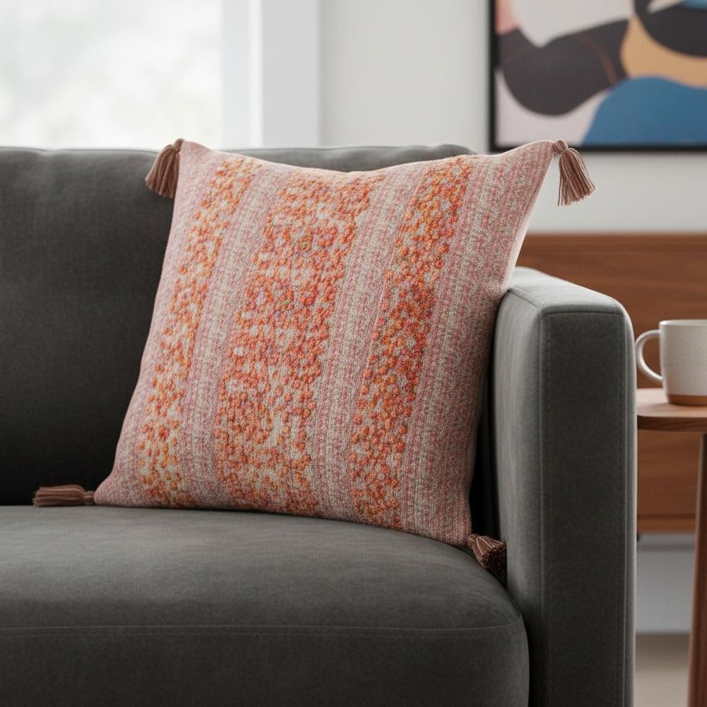 18" Pink and Orange Cotton Throw Pillow with Tassels