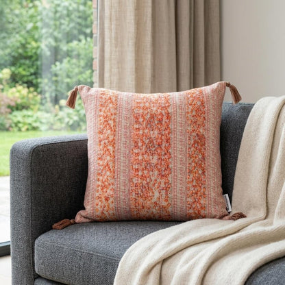 18" Pink and Orange Cotton Throw Pillow with Tassels
