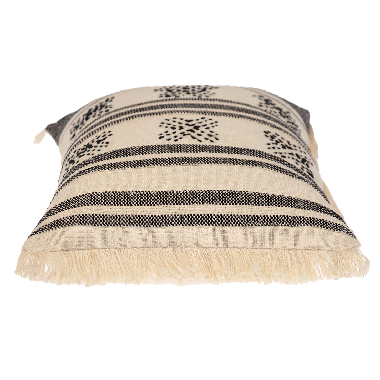 14" X 20" Beige and Black Southwestern Cotton Throw Pillow With Fringe