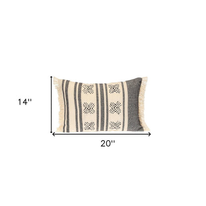 14" X 20" Beige and Black Southwestern Cotton Throw Pillow With Fringe