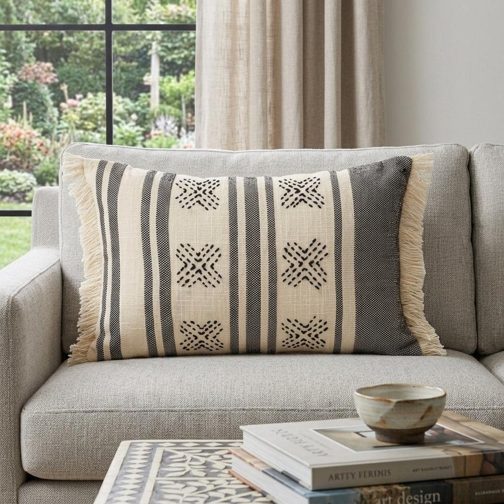 14" X 20" Beige and Black Southwestern Cotton Throw Pillow With Fringe