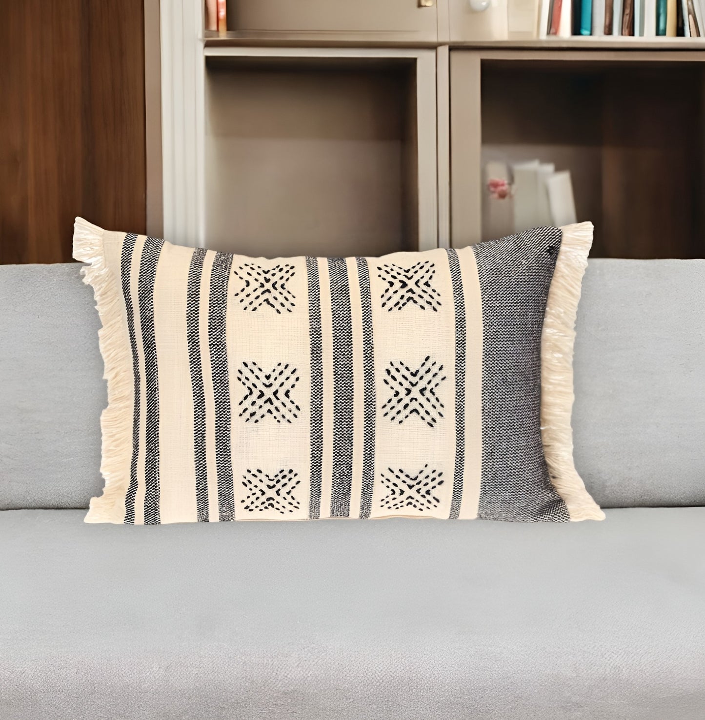 14" X 20" Beige and Black Southwestern Cotton Throw Pillow With Fringe