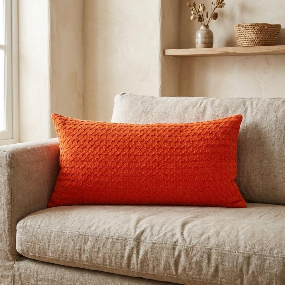 14" X 26" Orange Cotton Lumbar Throw Pillow with Texture