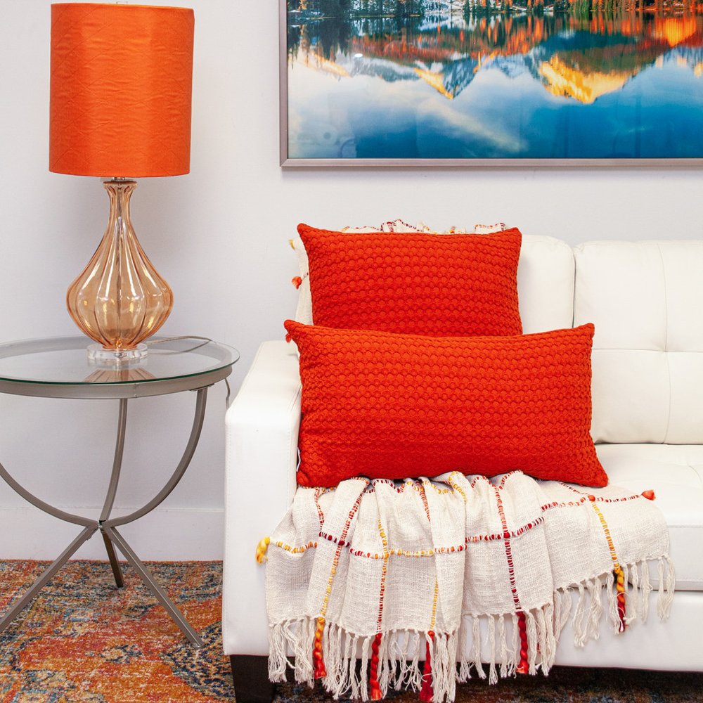 14" X 26" Orange Cotton Lumbar Throw Pillow with Texture