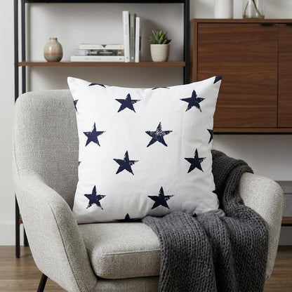 16" White and Blue Star Cotton Throw Pillow