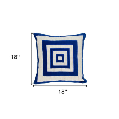 18" Beige and Blue Geometric Cotton Blend Throw Pillow with Embroidery and Applique