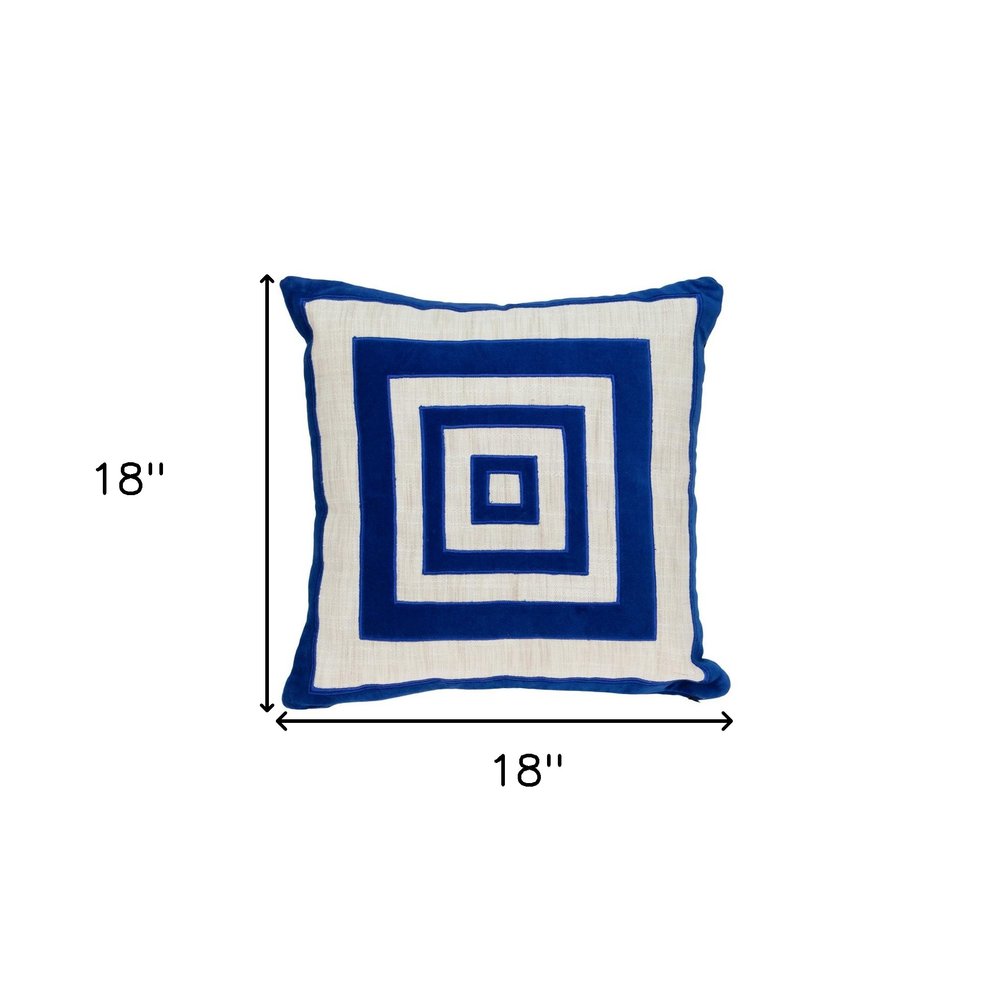 18" Beige and Blue Geometric Cotton Blend Throw Pillow with Embroidery and Applique