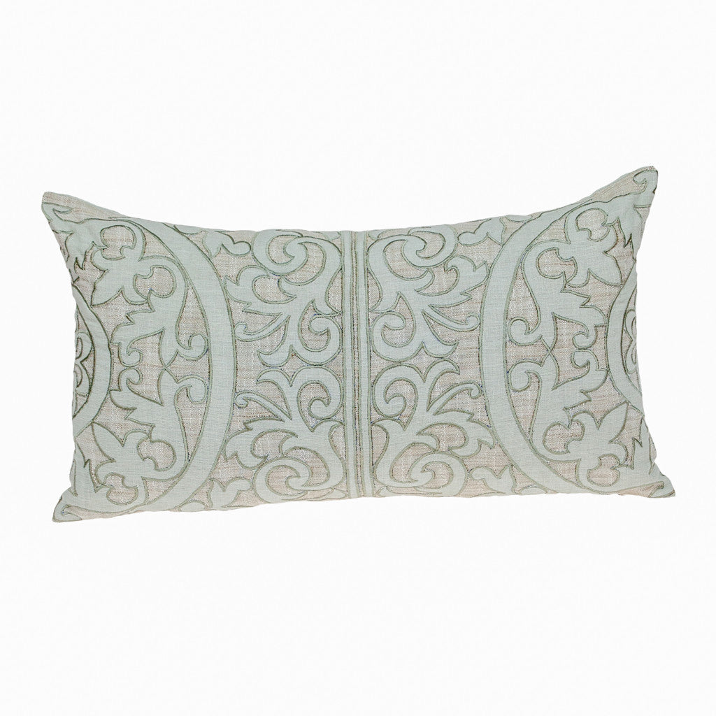 14" X 24" Beige and Green Damask Linen Throw Pillow With Embroidery