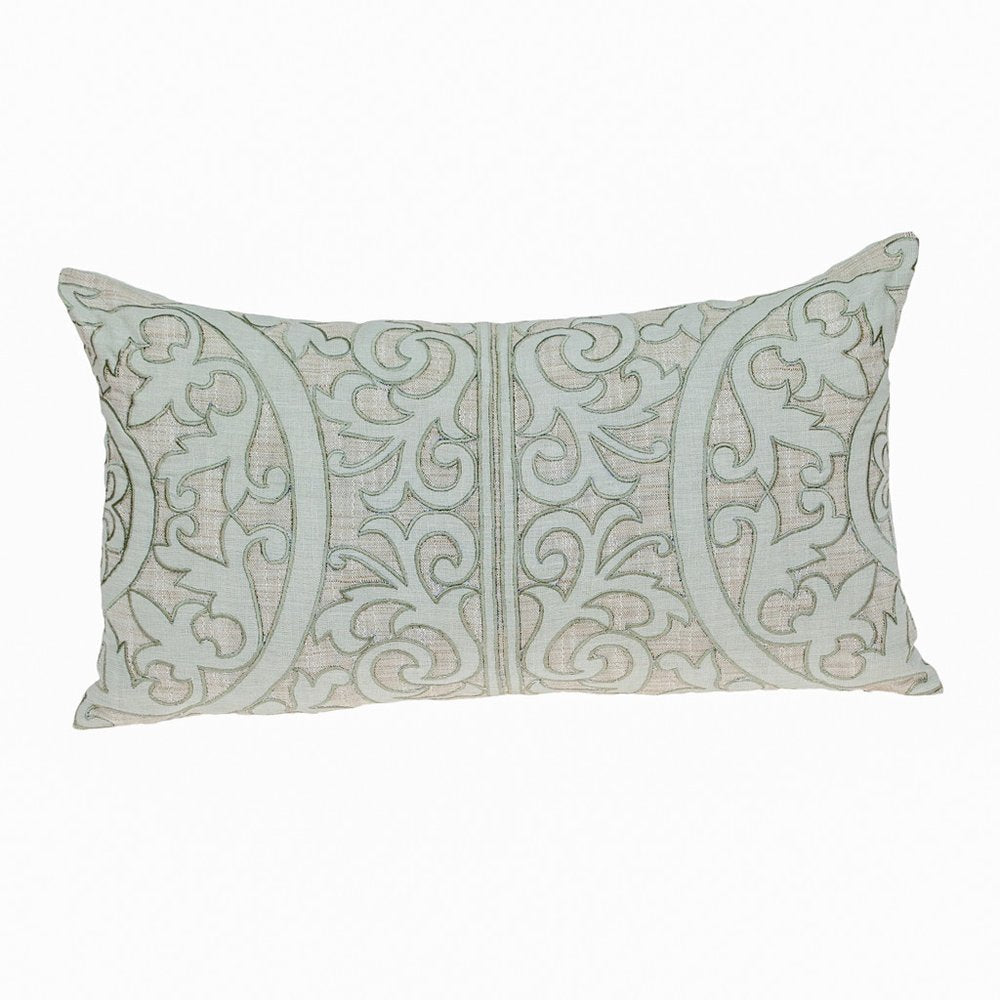 14" X 24" Beige and Green Linen Lumbar Throw Pillow with Embroidery